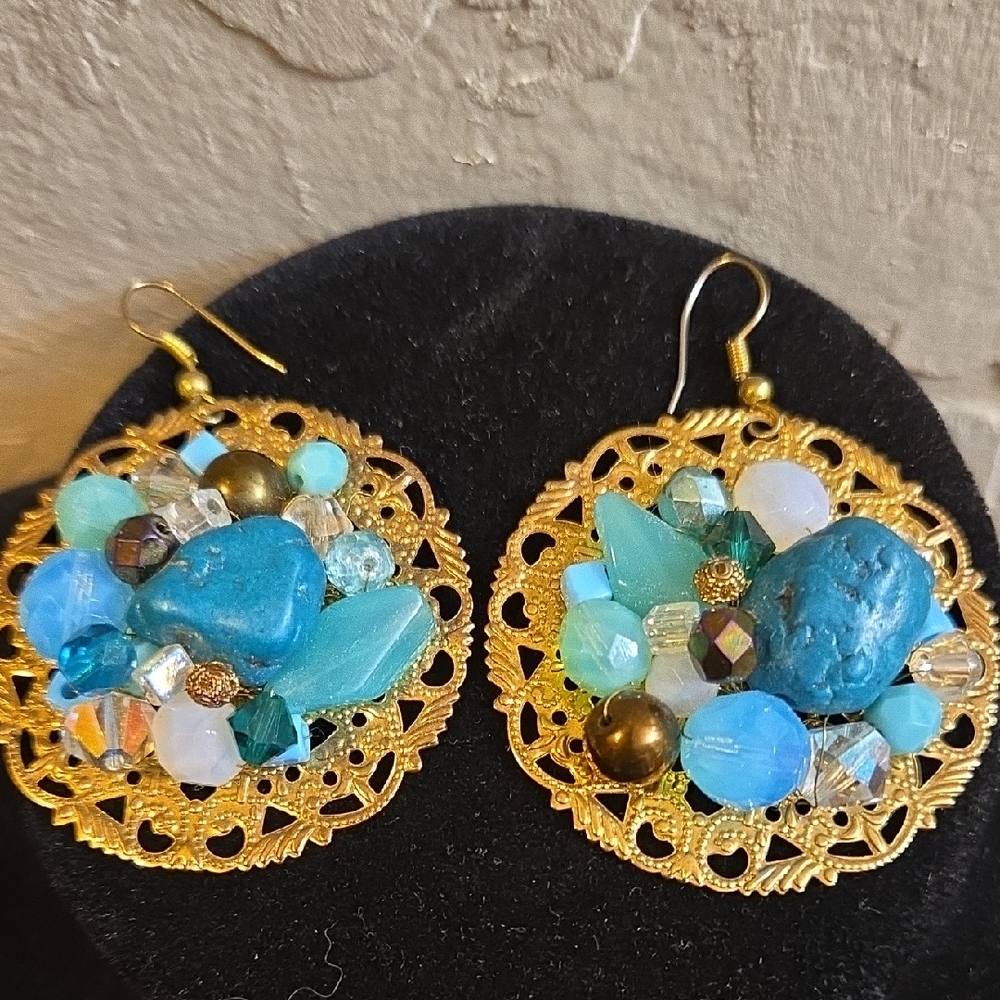 Vintage Artisan Bead Wire Wrapped On Goldtone Filagree Backing Pierced Earrings